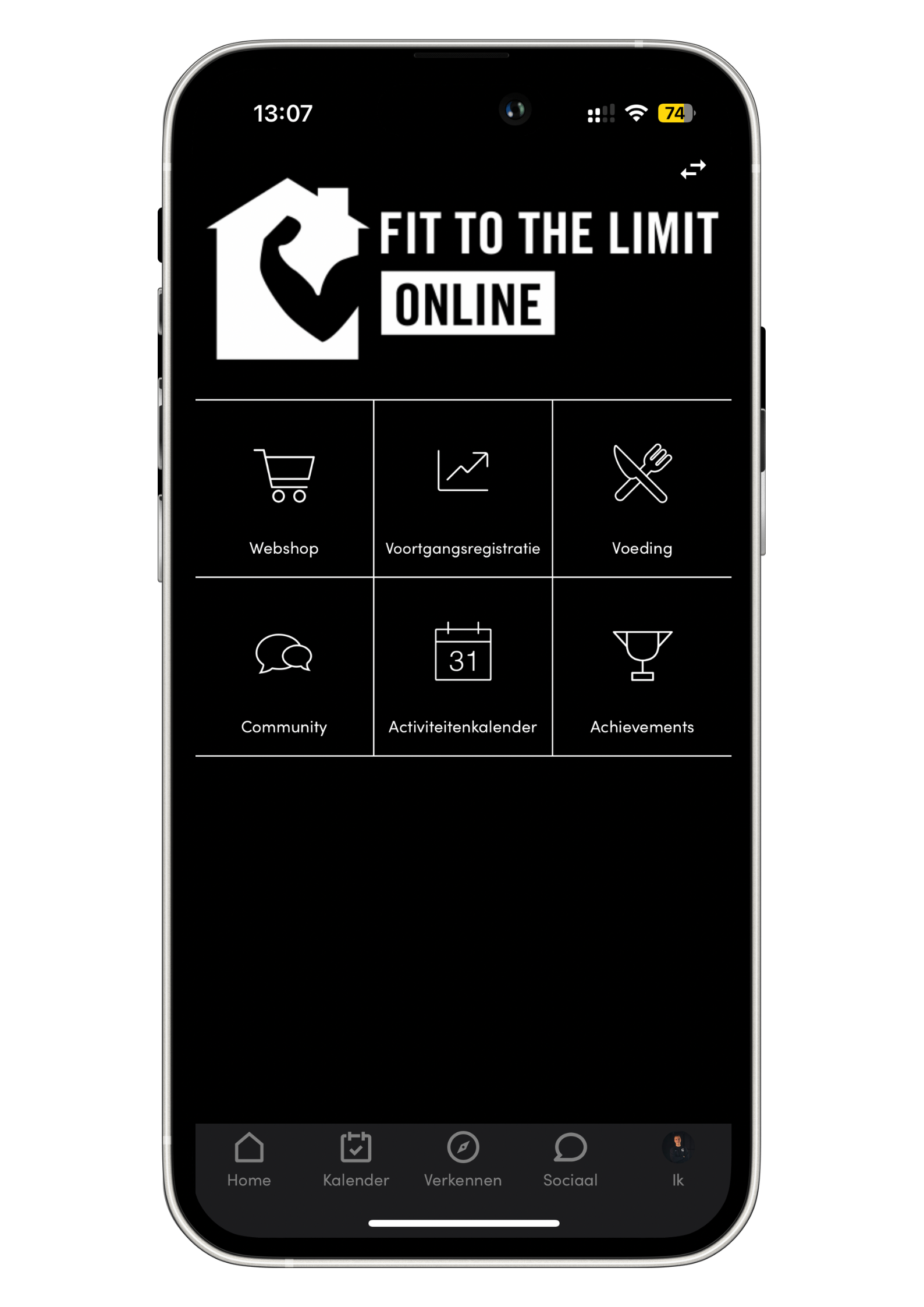 Fit to the Limit Online app met webshop, voortgangsregistratie, voeding, community en activiteitenkalender